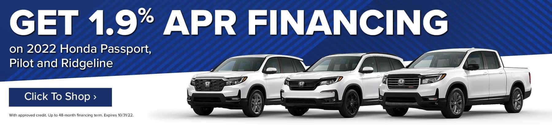 1.9% APR on 2022 Honda Passport, Pilot and Ridgeline