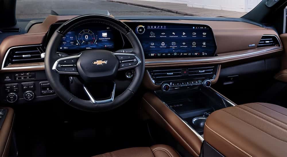 The brown interior of a 2025 Chevy Tahoe.