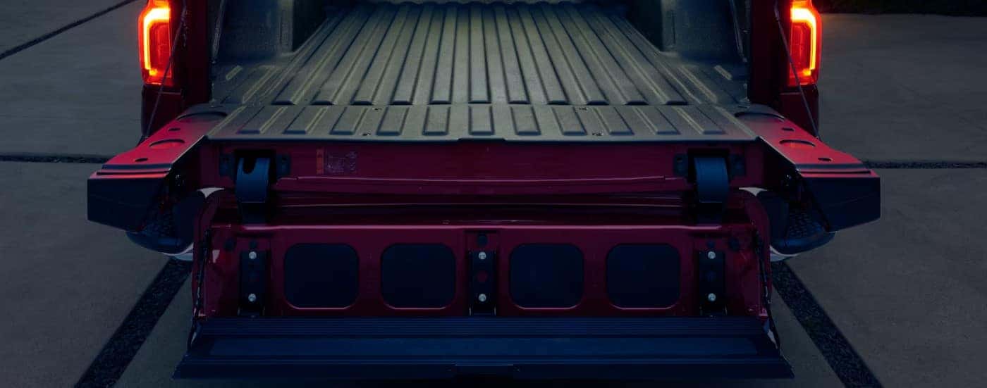 Close-up of the tailgate on a red 2025 Chevy Silverado 1500 for sale near Cornelius.
