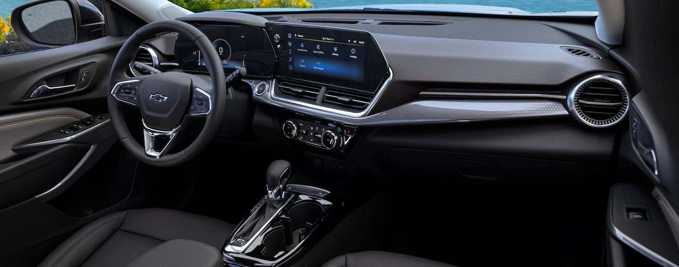 The black interior of a 2025 Chevy Trax.