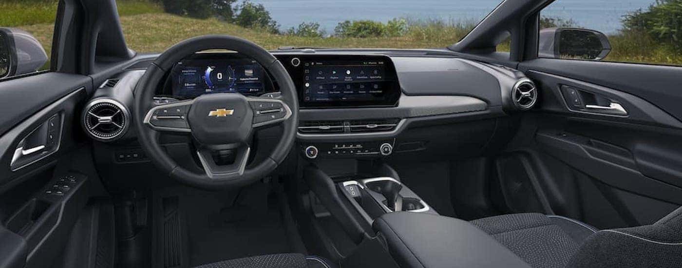The black interior of a 2025 Chevy Equinox EV.