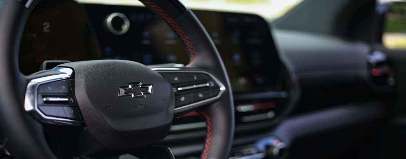 Close-up of the steering wheel on a 2025 Chevy Silverado EV for sale near Cherryville