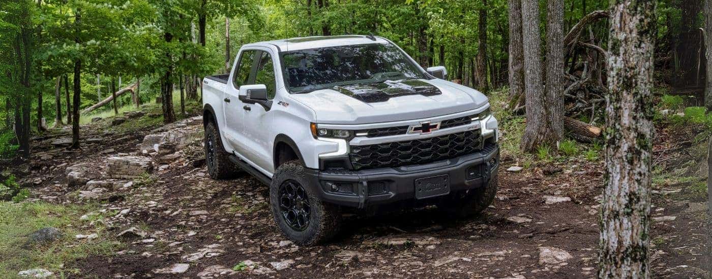 A white 2023 Chevy Silverado 1500 ZR2 Bison off-roading