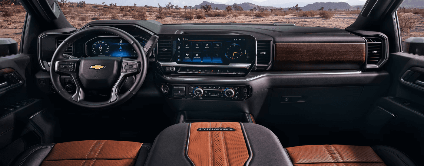Brown and black leather interior in a 2026 Chevy Silverado 3500 HD High Country