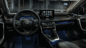 2025 RAV4 interior shown in Blue/Black SofTex® trim for sale near Crowley