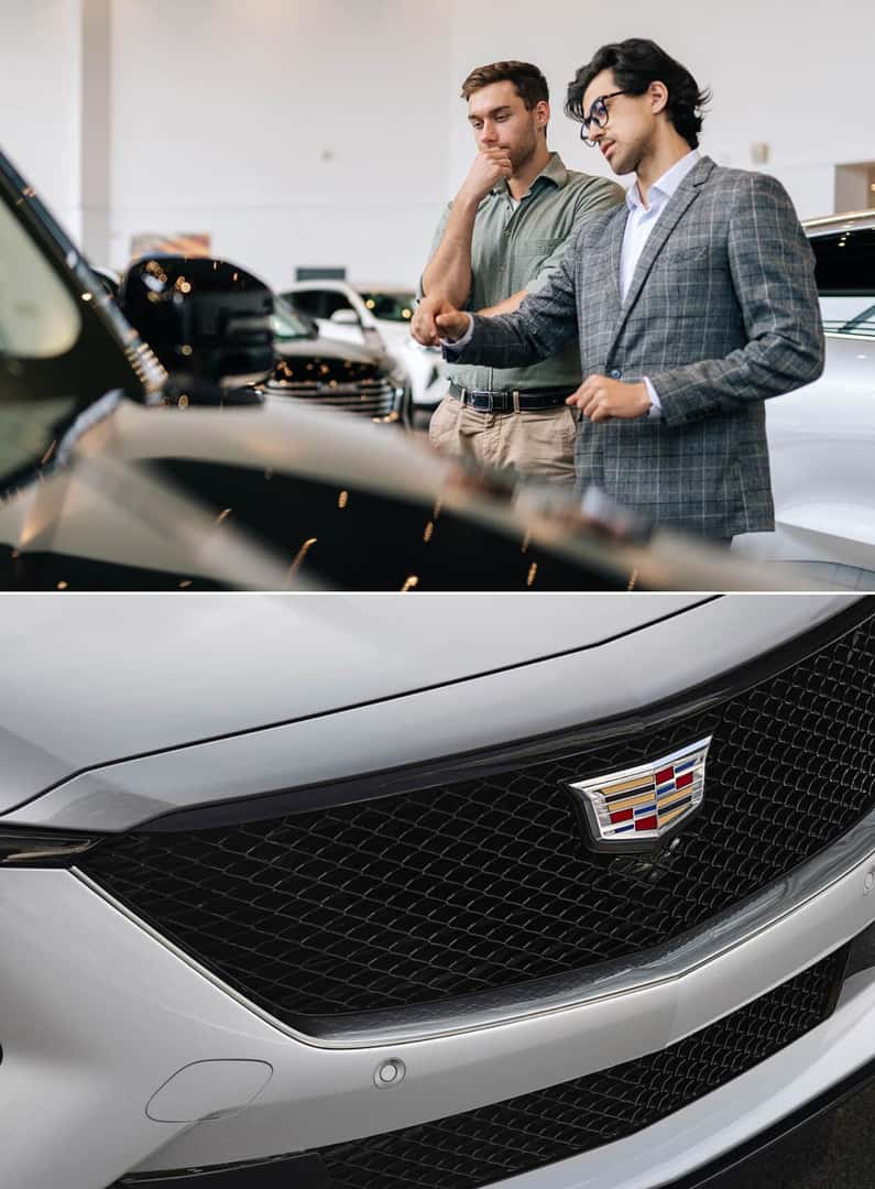 Customer speaking to Cadillac sales associate and close up of Cadillac emblem