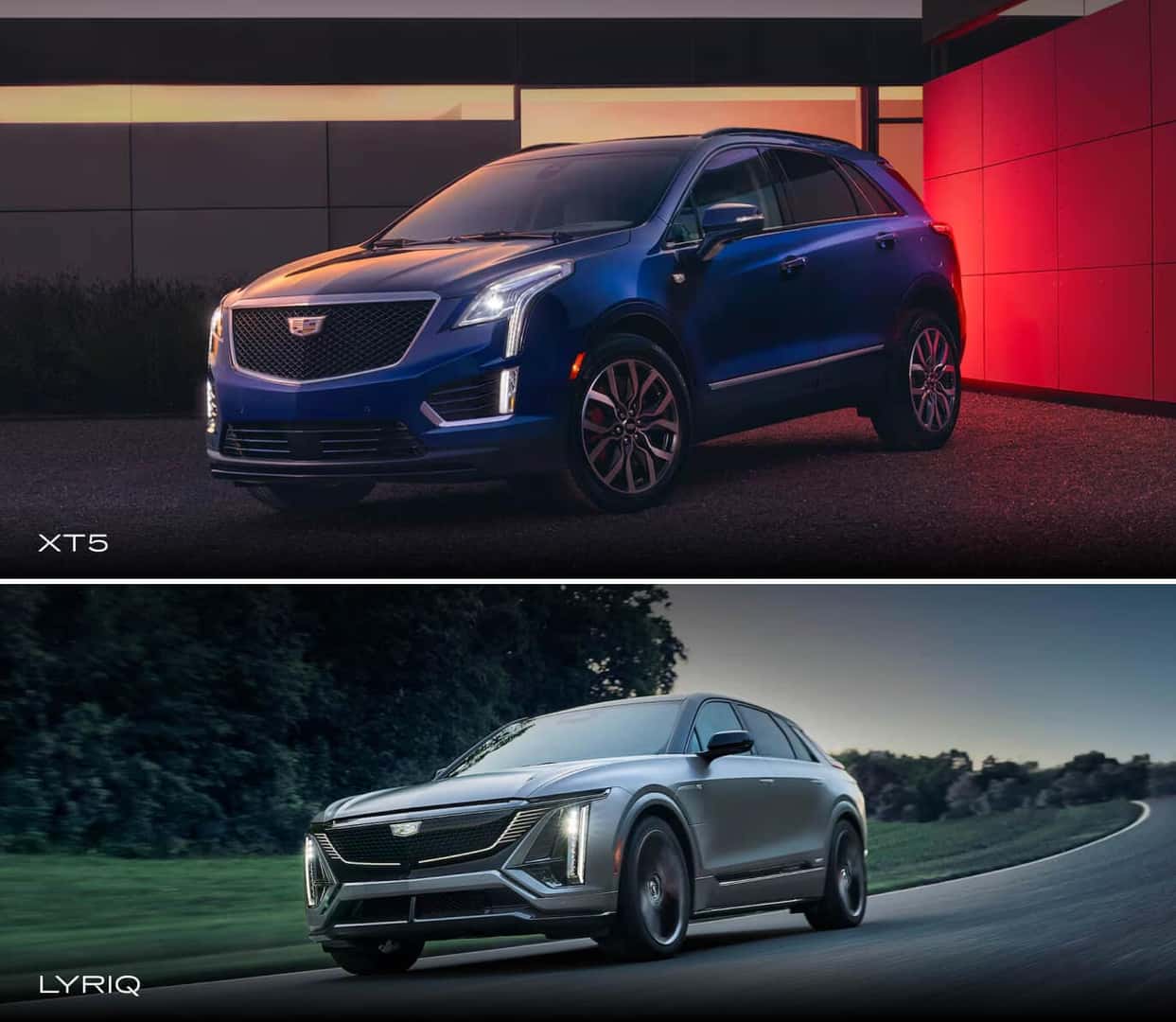 A blue Cadillac XT5 parked on a driveway at dusk. A silver LYRIQ drives down a country highway.

