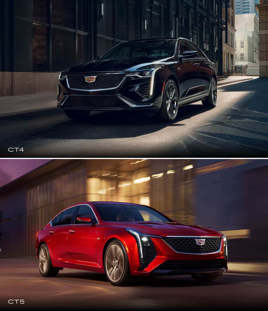 A black Cadillac CT4 drives down an alley. A red CT5 zooms past a modern building.