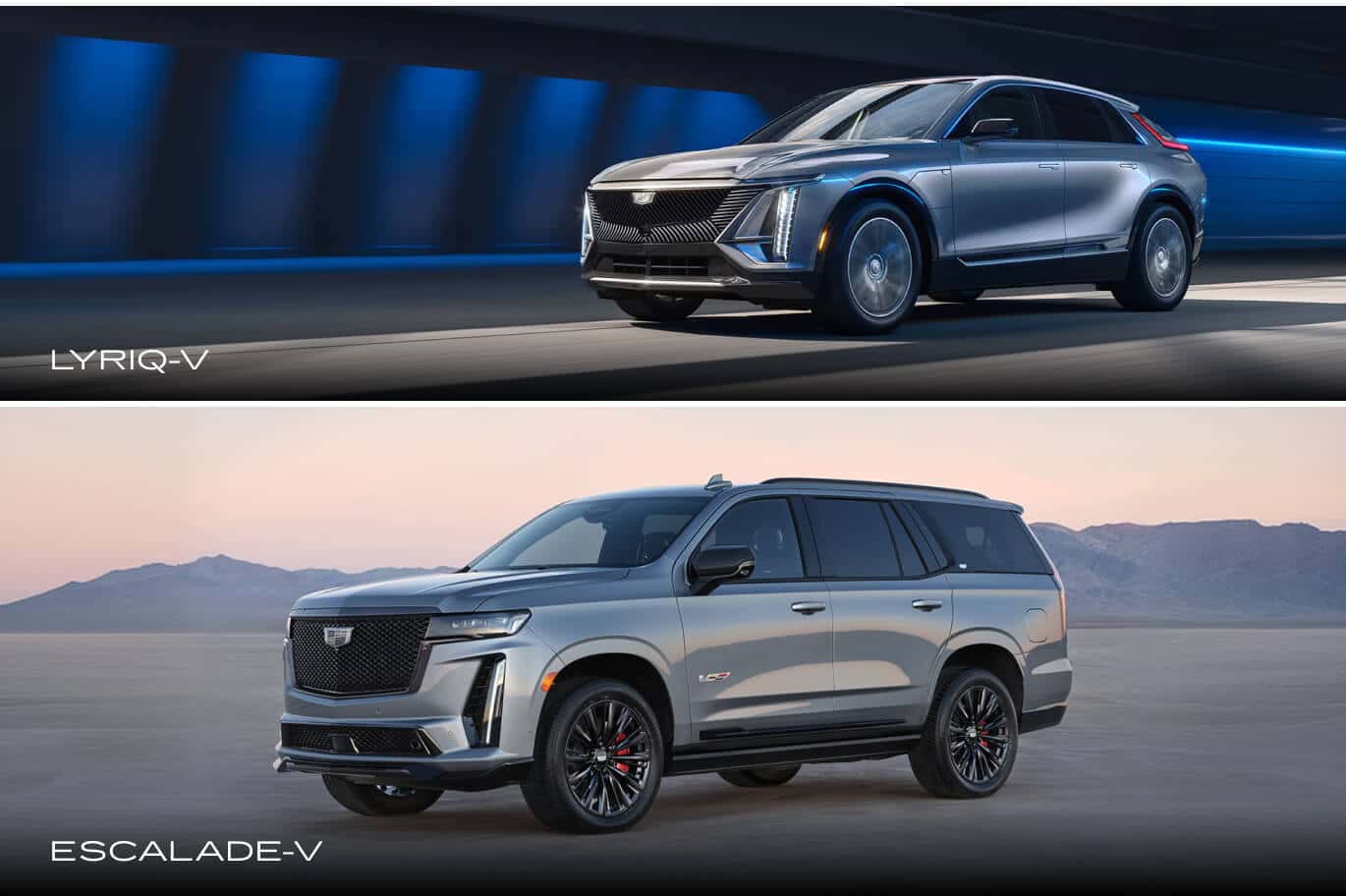 A silver LYRIQ-V drives down a highway tunnel. A silver Escalade-V parked on a hazy desert salt flat.