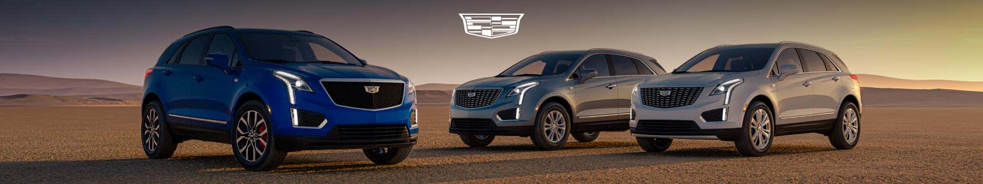 Wide shot of multiple Cadillac XT5 SUVs parked side-by-side on an expansive arid desert floor.