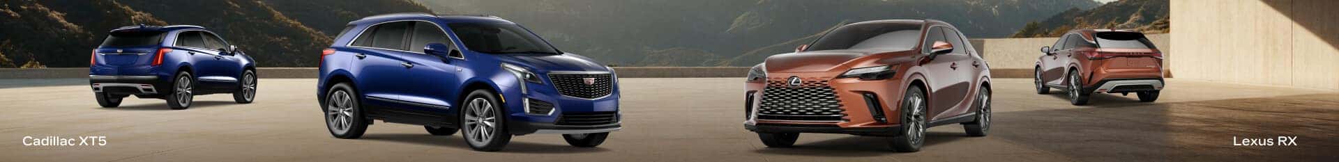 2026 Cadillac XT5 Premium Luxury in Opulent Blue Metallic and Lexus RX 350 Luxury in Copper Crest, front and rear views.