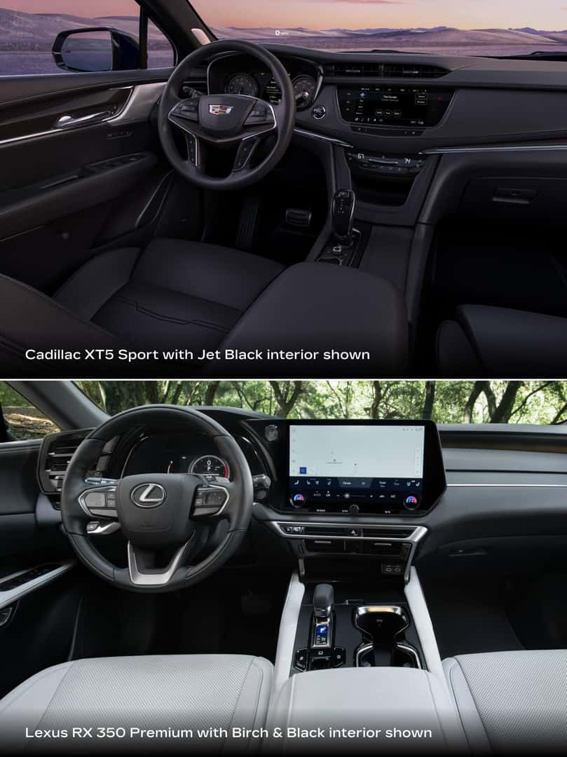 Top: 2026 Cadillac XT5 Sport with Jet Black interior. Bottom: 2026 Lexus RX 350 Premium with Birch & Black interior.