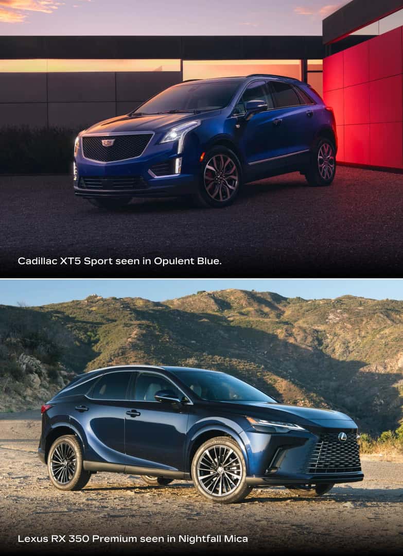 2026 Cadillac XT5 Sport in Opulent Blue at sunset, and Lexus RX 350 Premium in Nightfall Mica by mountains.