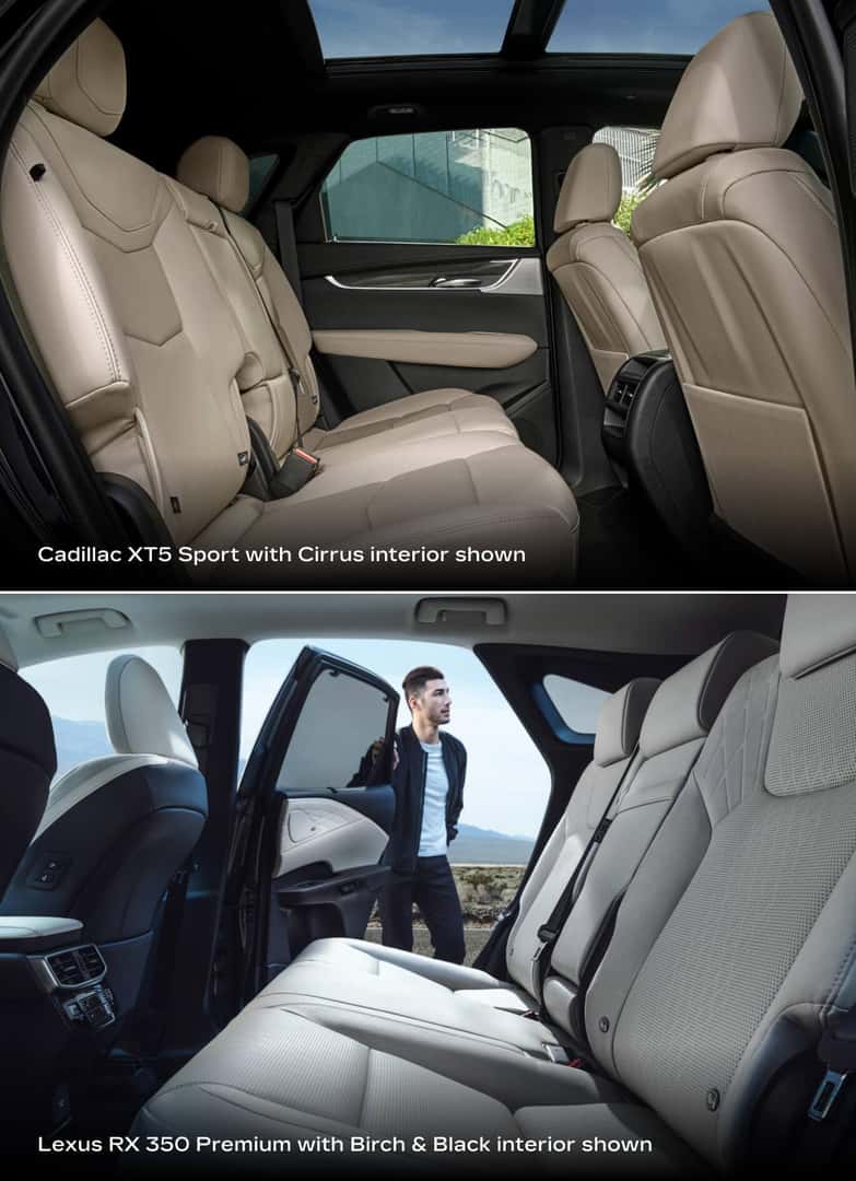 2026 Cadillac XT5 Sport rear cabin in Cirrus and Lexus RX 350 Premium, Birch & Black rear cabin with open door.