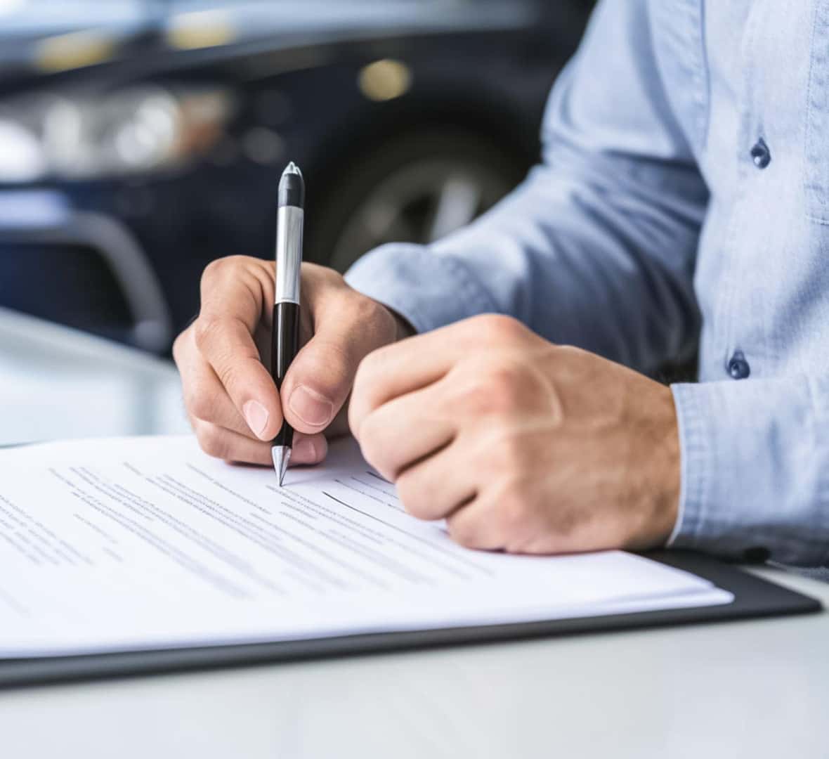 Customer signing paperwork at a dealership with a vehicle visible in the background.
