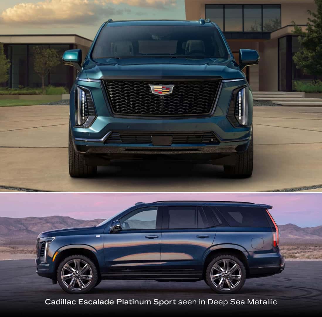 2026 Cadillac Escalade Platinum Sport in Deep Sea Metallic, shown front and side profile in upscale outdoor settings.