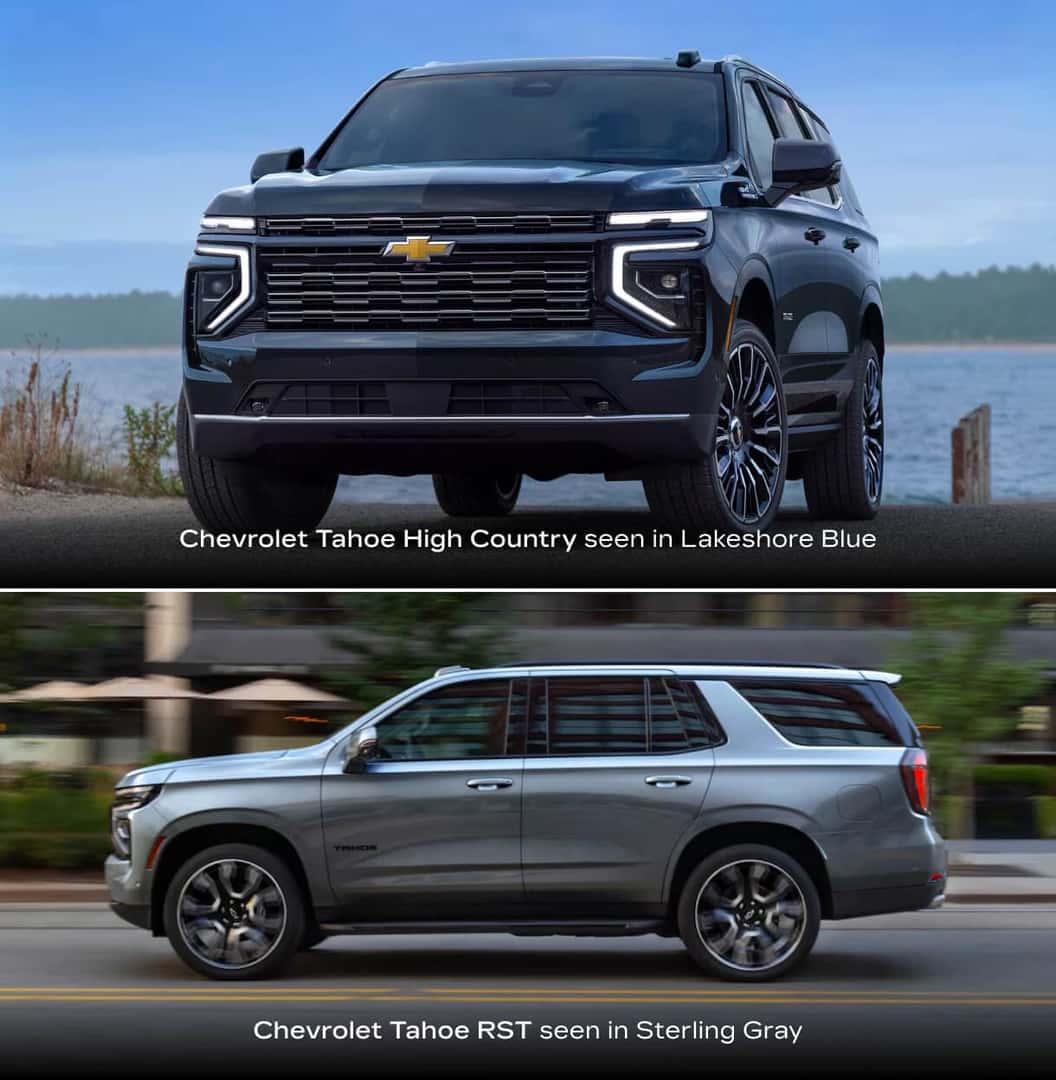 Top: 2026 Chevrolet Tahoe High Country in Lakeshore Blue. Bottom: Tahoe RST in Sterling Gray driving through the city.