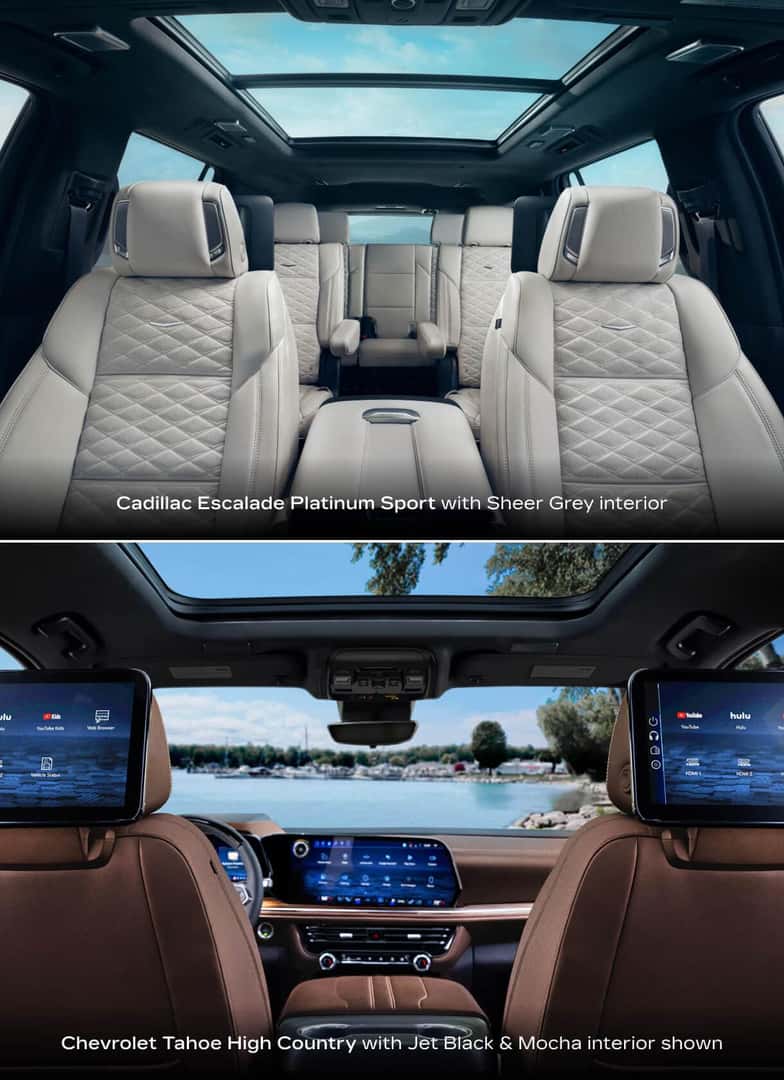 Top: 2026 Cadillac Escalade Platinum Sport, Sheer Grey interior. Bottom: Tahoe High Country, Jet Black & Mocha interior.