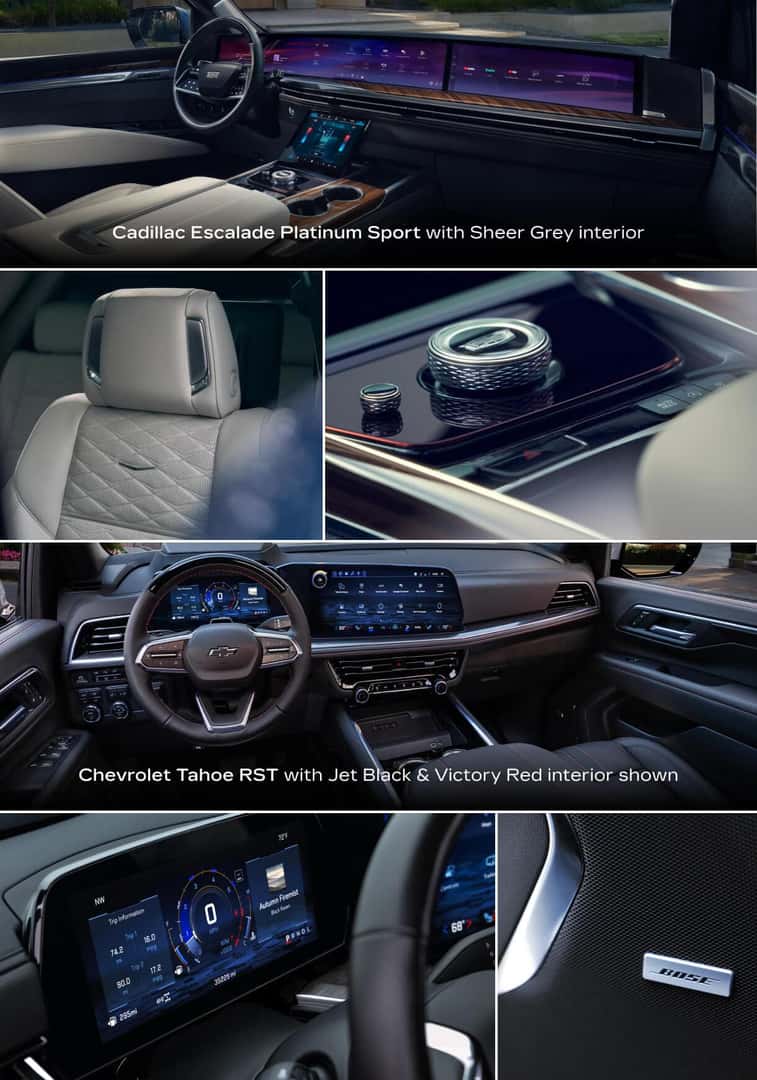 Top: 2026 Cadillac Escalade Platinum Sport Sheer Grey interior. Bottom: Tahoe RST Jet Black & Victory Red interior details.