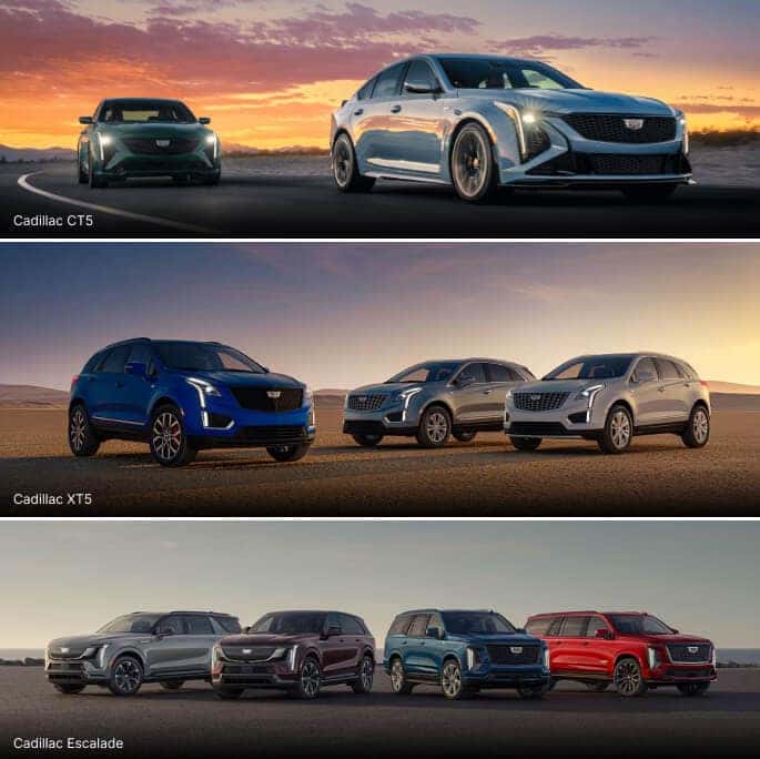 Split image showing several Cadillac CT5, XT5 andf Escalade vehicles driving and parked in various positions.