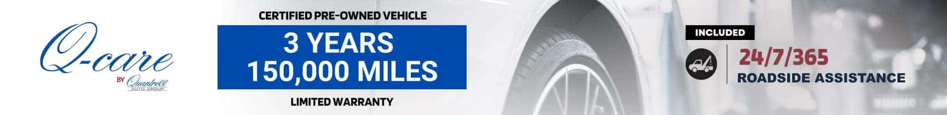 Q-Care certified pre-owned vehicle warranty with 24/7 roadside assistance.