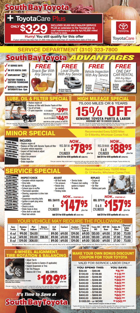 Toyota Service Parts Specials Coupons Offers Gardena CA