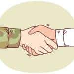 Handshake between soldier and civilian symbolizing support of military after returning from hostilities. Hands of officer and manager at moment of handshake, for concept collaboration with army