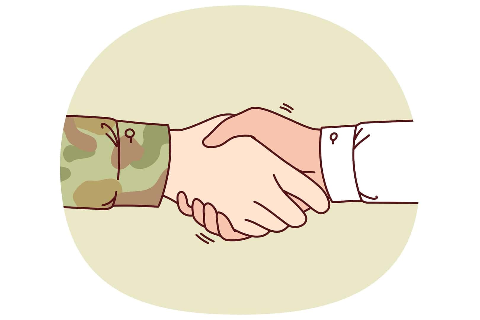 Handshake between soldier and civilian symbolizing support of military after returning from hostilities. Hands of officer and manager at moment of handshake, for concept collaboration with army