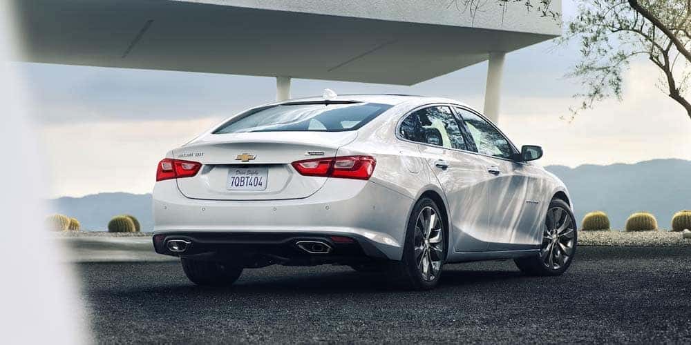 White Chevy Malibu from rear angle