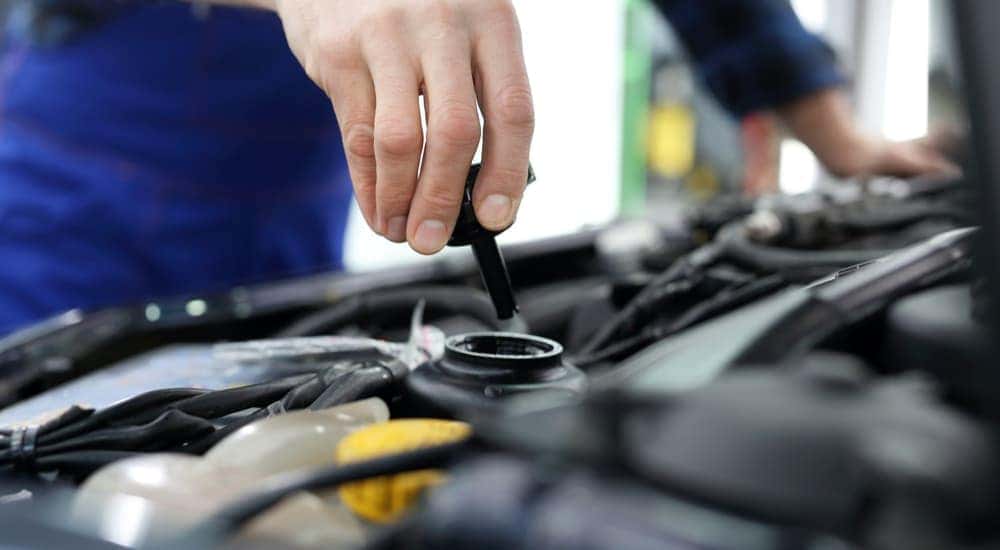 A close up of a mechanic is shown inspecting engine fluid levels.