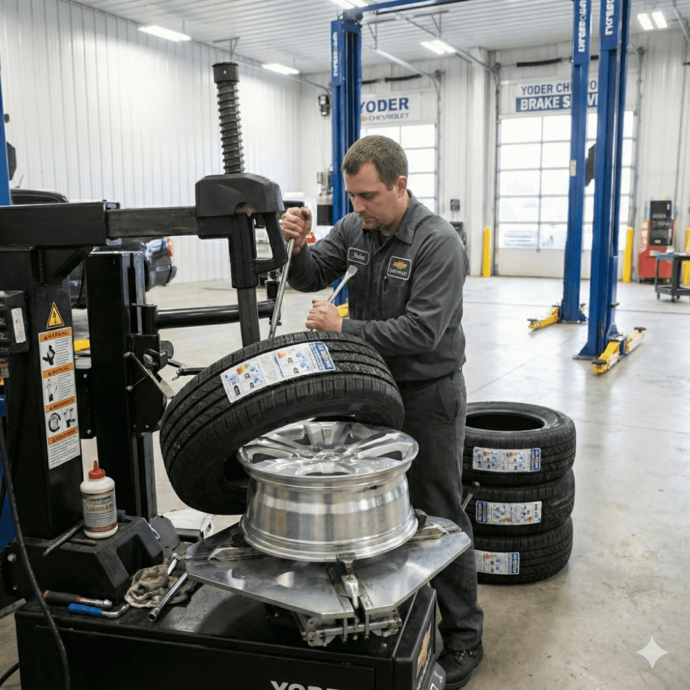 A technician mounting a new tire on a wheel