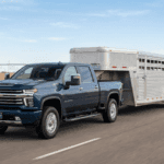 The Silverado 2500HD towing a stock trailer