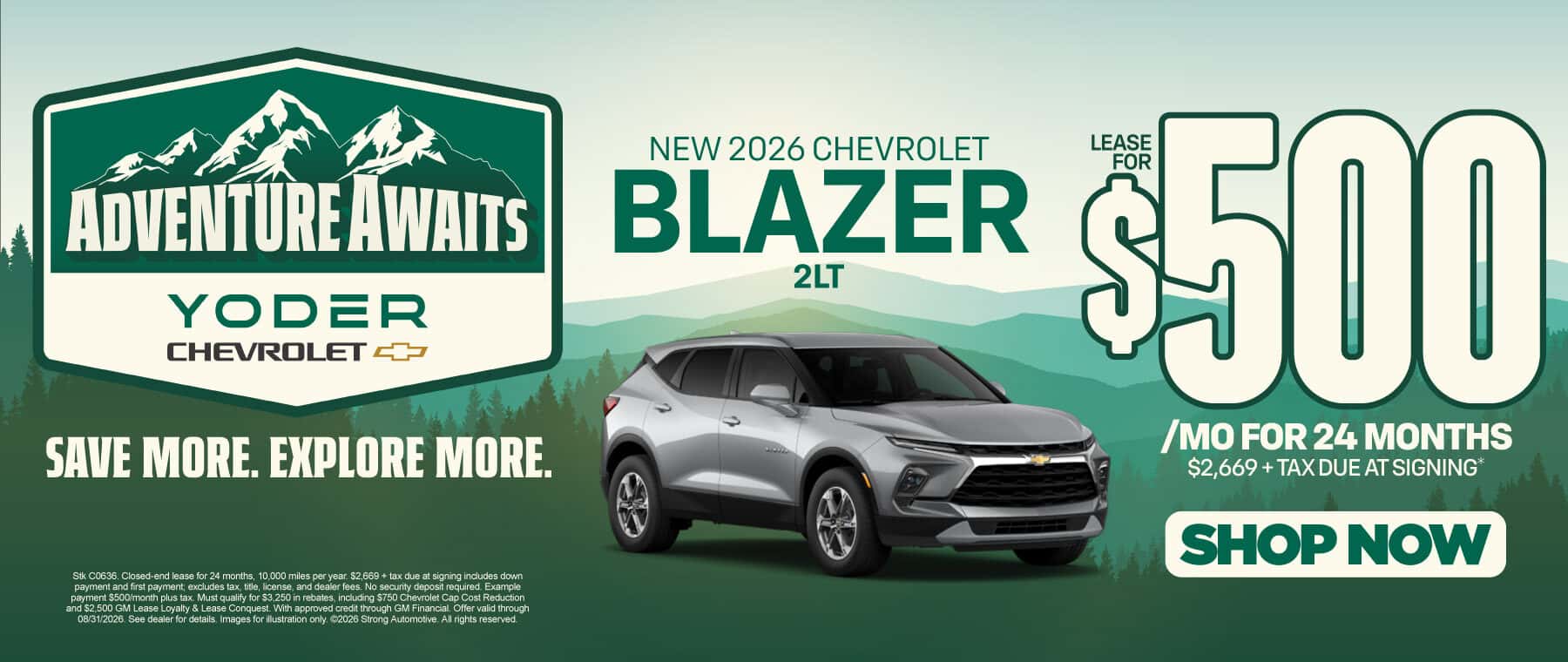 New 2026 Chevrolet Blazer 2LT "Lease for $500/mo for 24 Months $2,669 + tax due at signing"