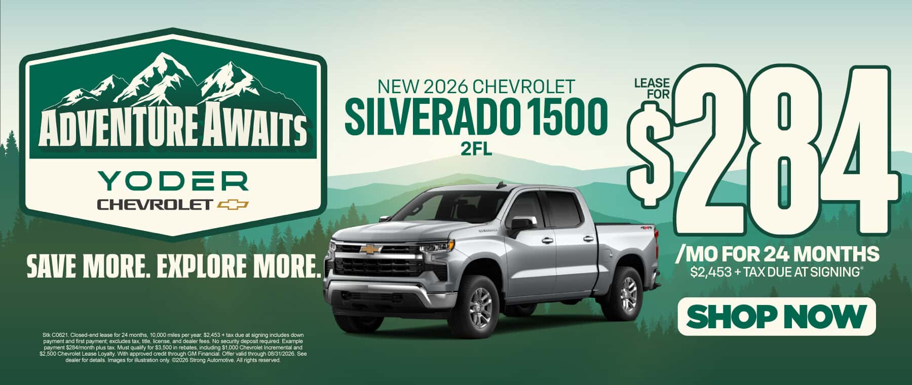 New 2026 Chevrolet Silverado 1500 2FL "Lease for $284/mo for 24 Months $2,453 + tax due at signing"