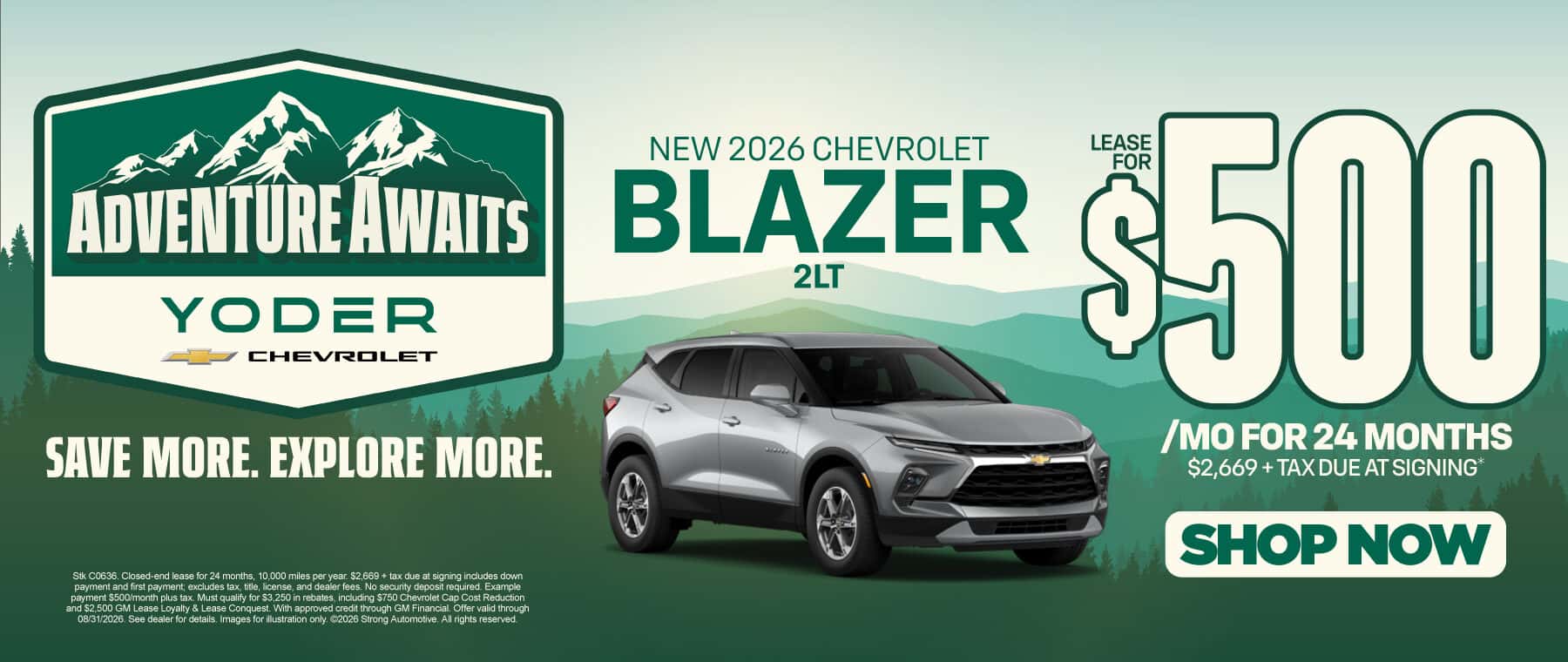 New 2026 Chevrolet Blazer 2LT "Lease for $500/mo for 24 Months $2,669 + tax due at signing"
