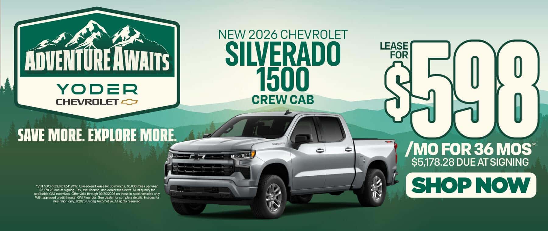 2026 Chevrolet Silverado 1500 Crew Cab "Lease for $598/mo for 36 Months* $5,178.28 due at signing "