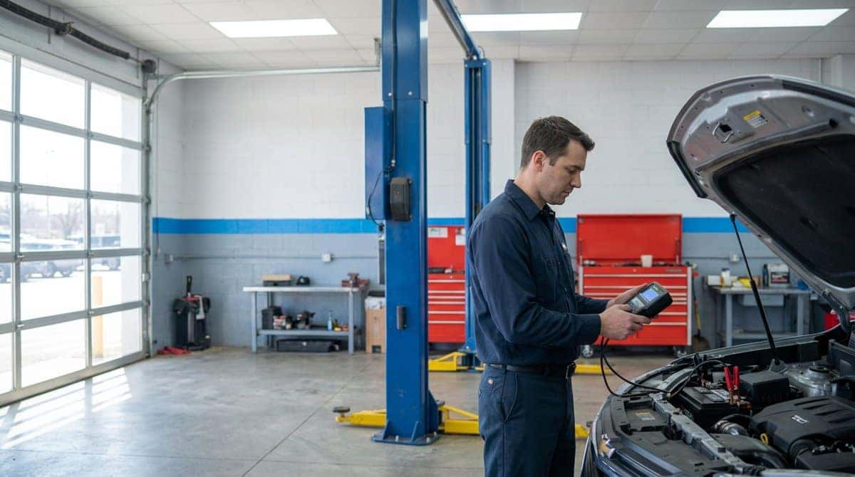 A Yoder Chevrolet technician testing a vehicle battery and charging system in Fort Lupton
