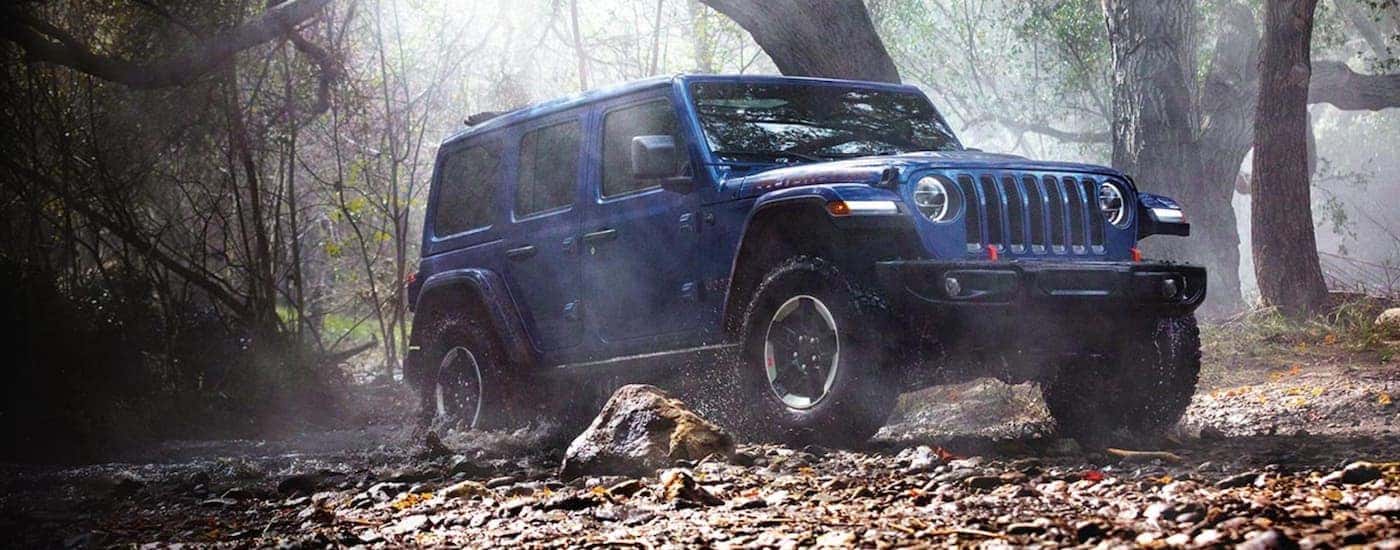 A blue 2020 Jeep Wrangler Unlimited is off-roading in the woods near Florence, KY.