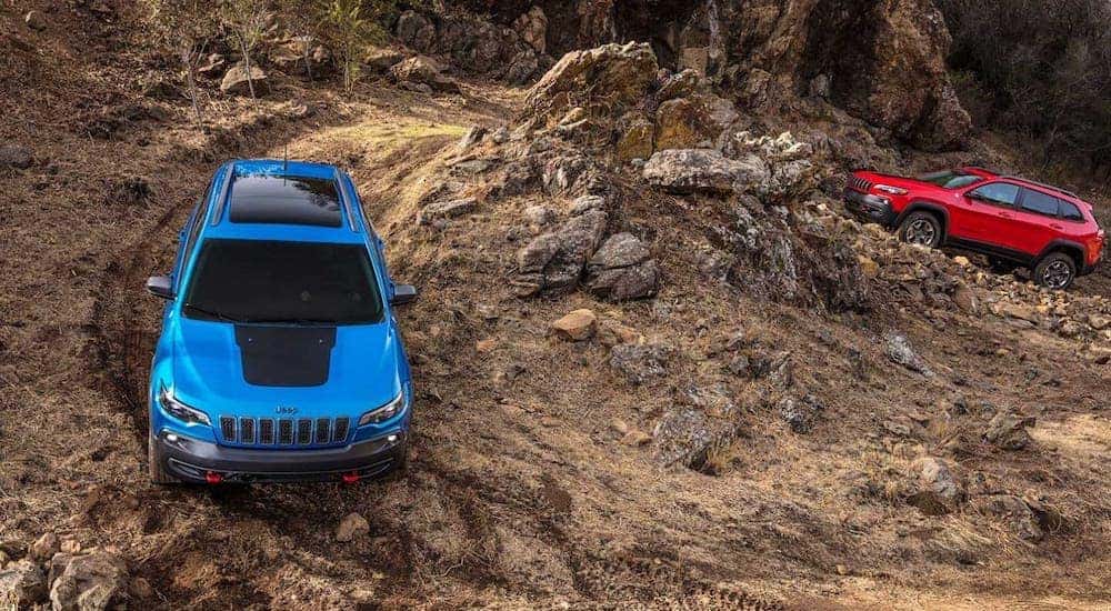 A blue and a red 2020 Jeep Cherokee are driving on a dirt trail near Florence, KY.