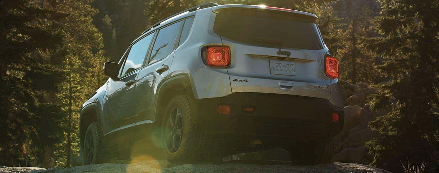 A 2020 Jeep Renegade is parked off-road in the woods on a large rock near Florence, KY.