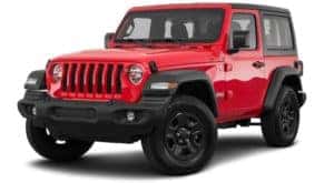 A red 2021 Jeep Wrangler Sport is angled left.