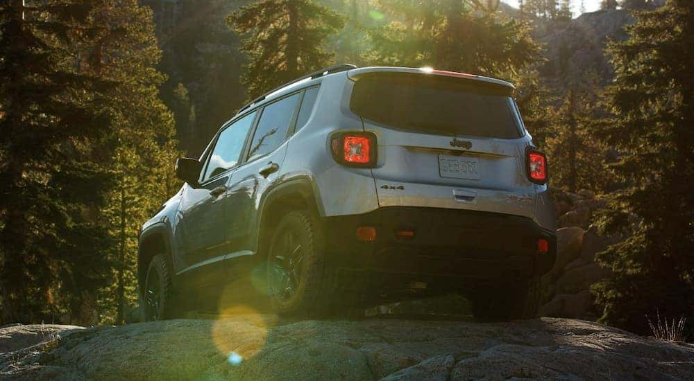 A silver 2018 Jeep Renegade is shown from the rear on a large rock with a sun flare.