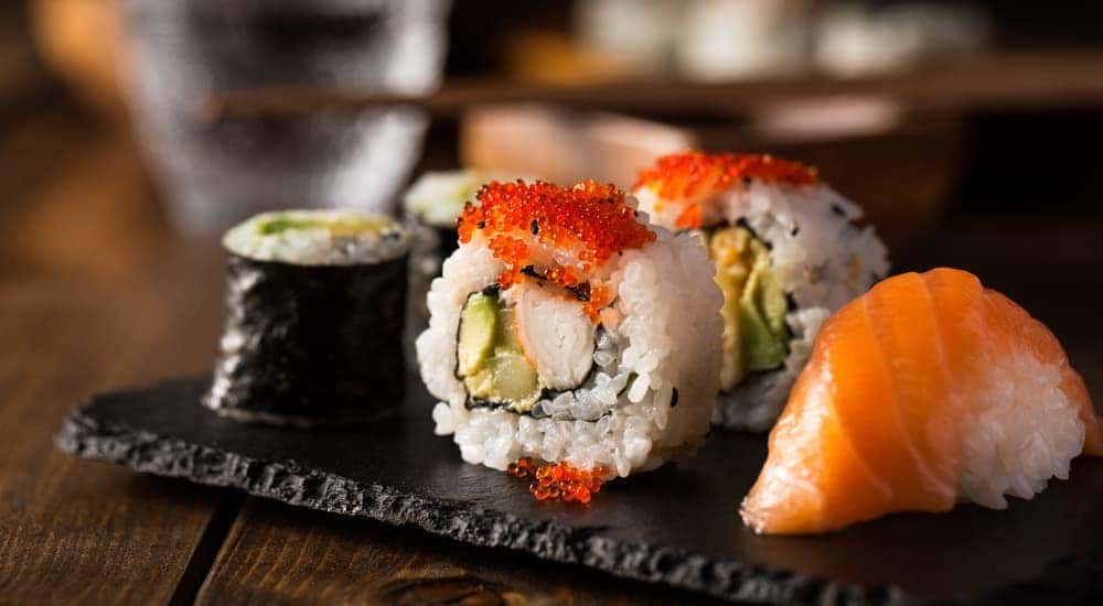 Sushi is shown in closeup.