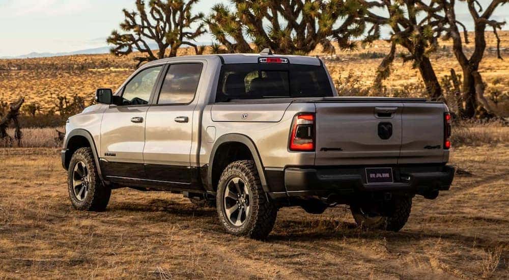 A silver 2021 Ram 1500 is shown from the rear on a rural dirt road.