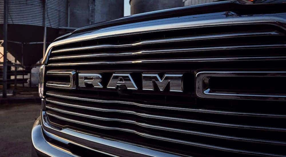 A close up shows the grille of a 2020 Ram 2500 Laramie.