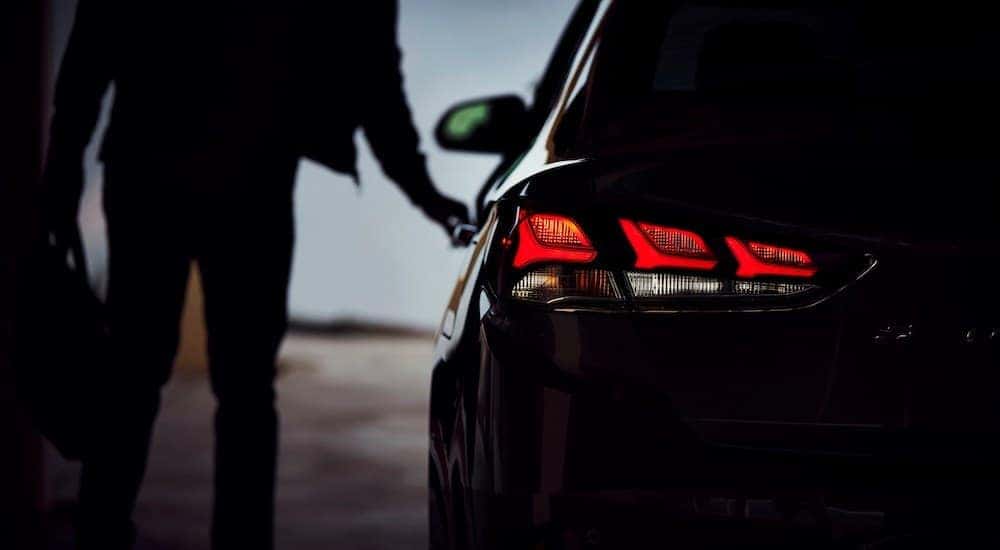 The silhouette and illuminated taillight is shown on a 2018 Hyundai Sonata after leaving a used car dealer in Cincinnati.