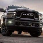 A close up shows the front of a silver 2021 Ram 2500 Power Wagon.