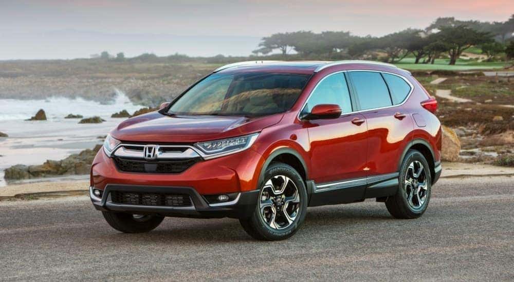 A red 2019 Honda CR-V is shown from the side parked in front of a body of water.