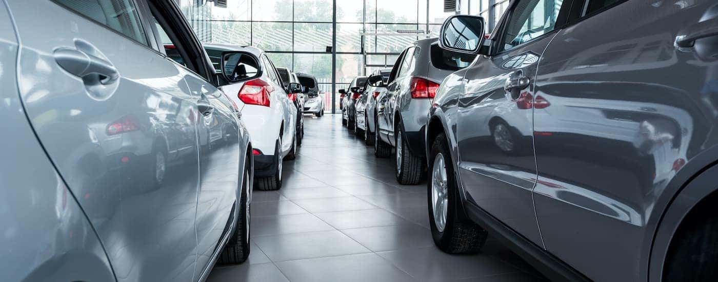 A gallery of used cars is shown from a low angle.