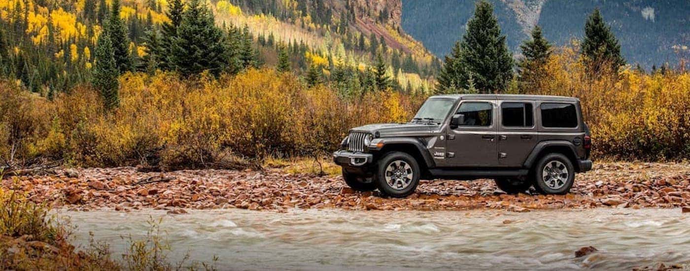 A tan 2018 Jeep Wrangler is shown from the side parked on the side of a river.